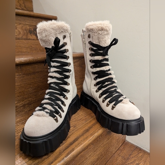 Browns B2 Tofino suede & faux fur platform moto combat boot cream Sz 9.5/10 EU40 - Picture 6 of 16